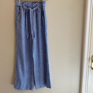 Jolt Linen Blend Wide Leg Pull On Pants Blue White Stripe SMALL